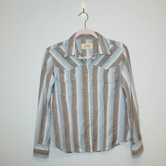 Scully Western Cantina Striped Multi-Bottom Pearl Snap Long Sleeve Top Small - Picture 1 of 8